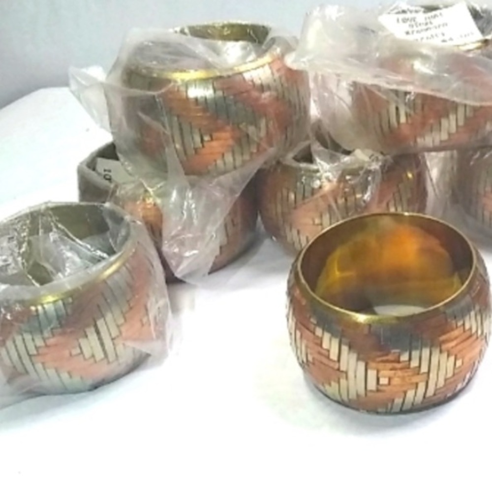 VINTAGE 8pc Set Aztec Woven Metal Napkin Rings Brass, Silver & Copper, India